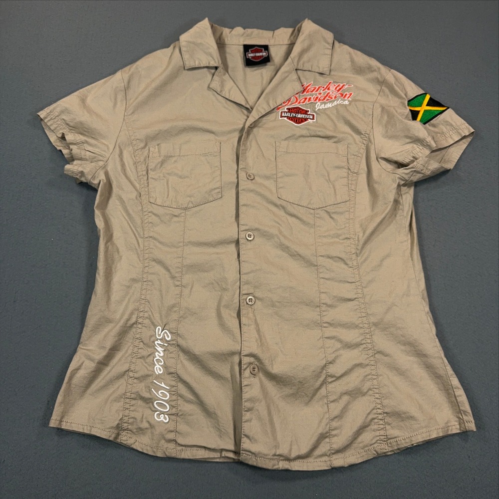 Harley-Davidson Jamaica Tan Khaki Pirate Skull Button Up Shirt Small